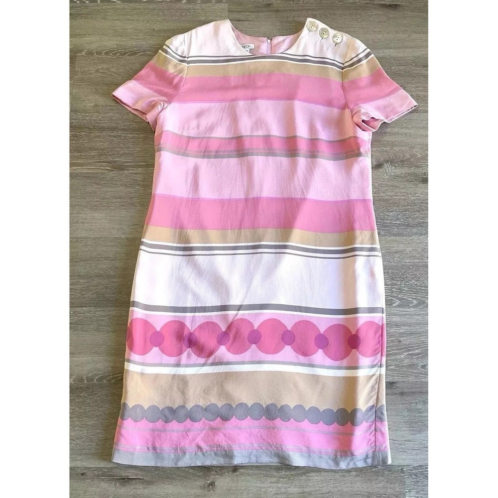 Vintage Maggy London 100% Silk Sheath Dress Pink Stripes Short Sleeves Buttons